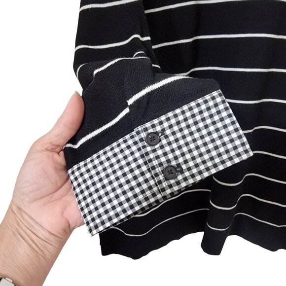Talbots Size 2X Black w/White Stripe & Contrasting Gingham Plaid Cuff Sweater - Picture 2 of 9